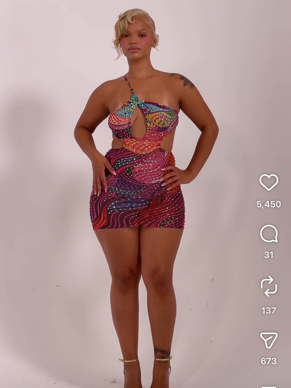 Multicolor Rhinestone Mesh Mini Dress - Cutout Halter Style - Picture 2 of 3